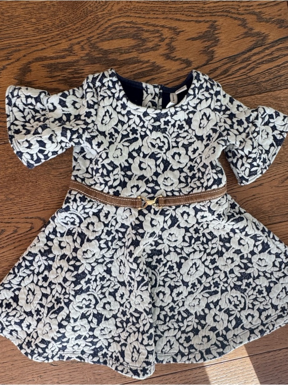 Janie and Jack Navy and Cream Floral Lace Fit-and-Flare Dress with Belt
